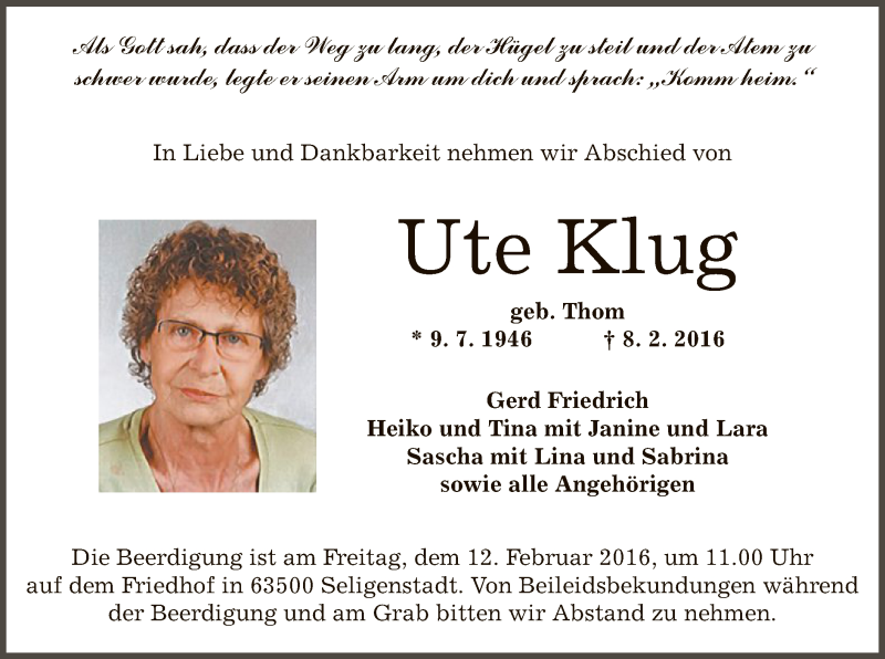  Traueranzeige für Ute Klug vom 10.02.2016 aus Offenbach