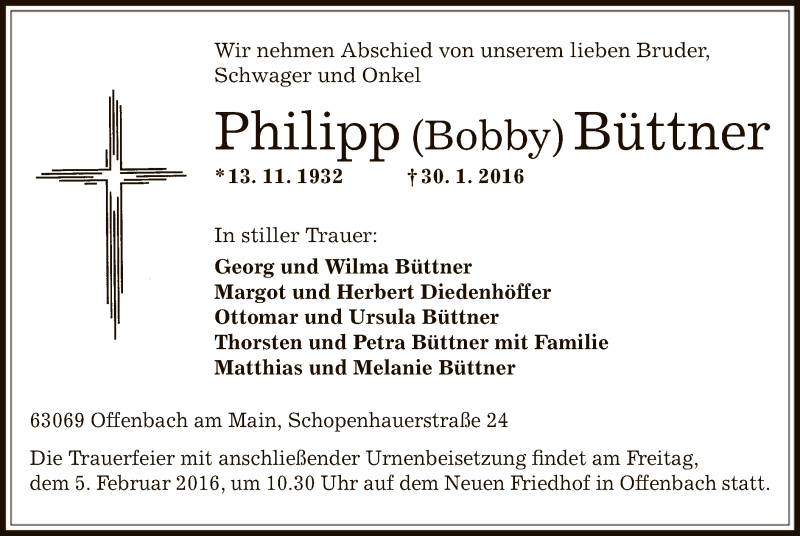  Traueranzeige für Philipp Büttner vom 03.02.2016 aus Offenbach
