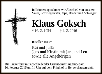 Traueranzeige von Klaus Goksch von Offenbach