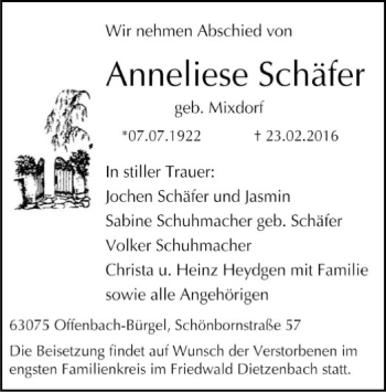 Traueranzeige von Anneliese Schäfer von Offenbach