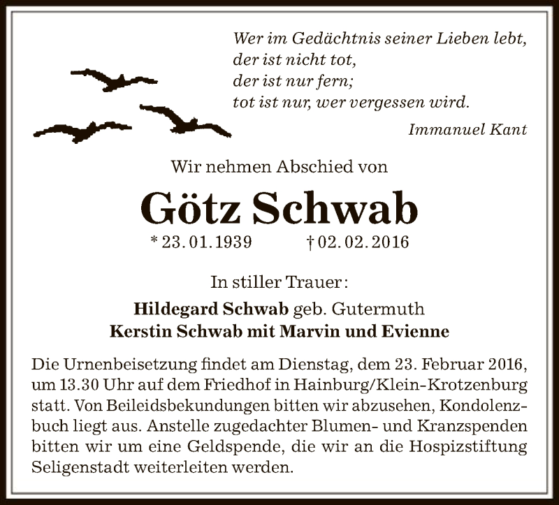  Traueranzeige für Götz Schwab vom 10.02.2016 aus Offenbach