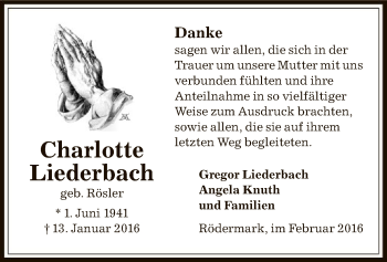 Traueranzeige von Charlotte Liederbach von Offenbach