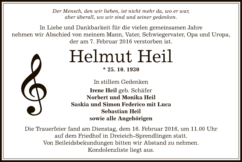  Traueranzeige für Helmut Heil vom 13.02.2016 aus Offenbach