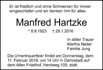 Traueranzeige von Manfred Hartzke von Offenbach