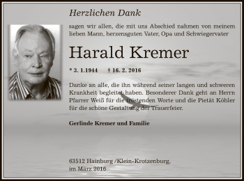 Traueranzeige von Harald Kremer von Offenbach