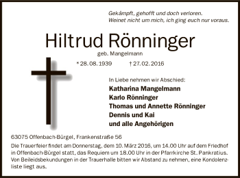 Traueranzeige von Hiltrud Rönninger von Offenbach