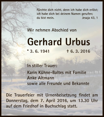 Traueranzeige von Gerhard Urbus von Offenbach