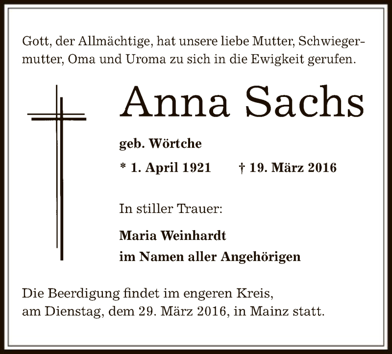  Traueranzeige für Anna Sachs vom 25.03.2016 aus Offenbach
