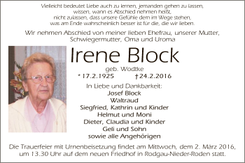 Traueranzeige von Irene Block von Offenbach