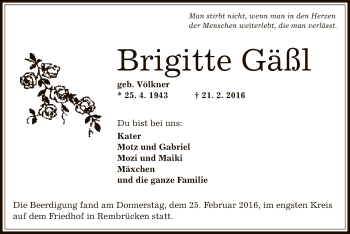 Traueranzeige von Brigitte Gäßl von Offenbach