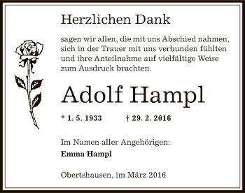 Traueranzeige von Adolf Hampl von Offenbach