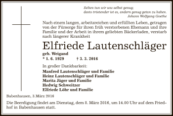 Traueranzeige von Elfriede Lautenschläger von Offenbach