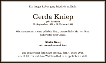 Traueranzeige von Gerda Kniep von Offenbach