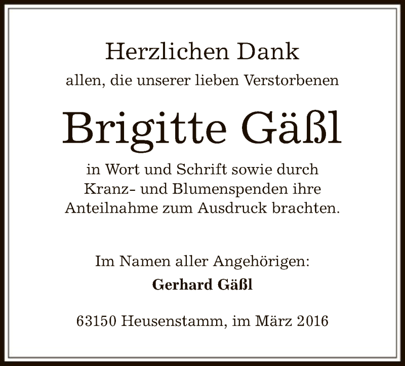  Traueranzeige für Brigitte Gäßl vom 05.03.2016 aus Offenbach