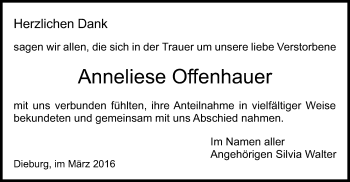 Traueranzeige von Anneliese Offenhauer von Offenbach