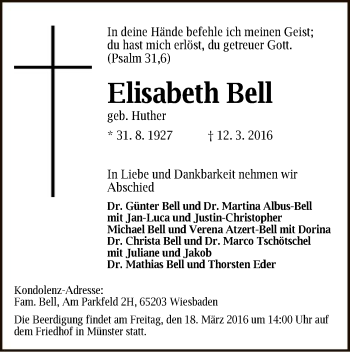 Traueranzeige von Elisabeth Bell von Offenbach