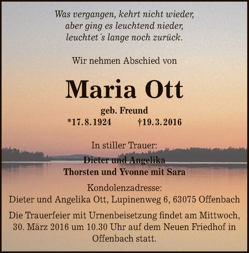  Traueranzeige für Maria Ott vom 25.03.2016 aus Offenbach