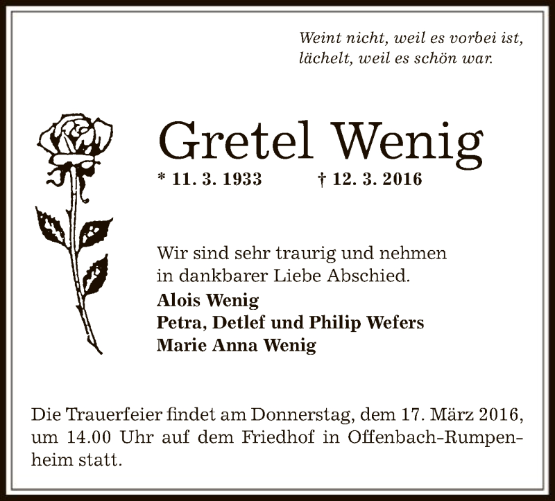  Traueranzeige für Gretel Wenig vom 16.03.2016 aus Offenbach