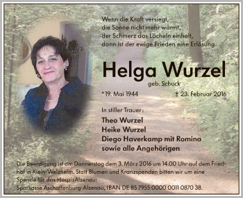 Traueranzeige von Helga Wurzel von Offenbach