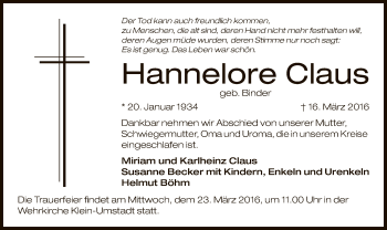 Traueranzeige von Hannelore Claus von Offenbach