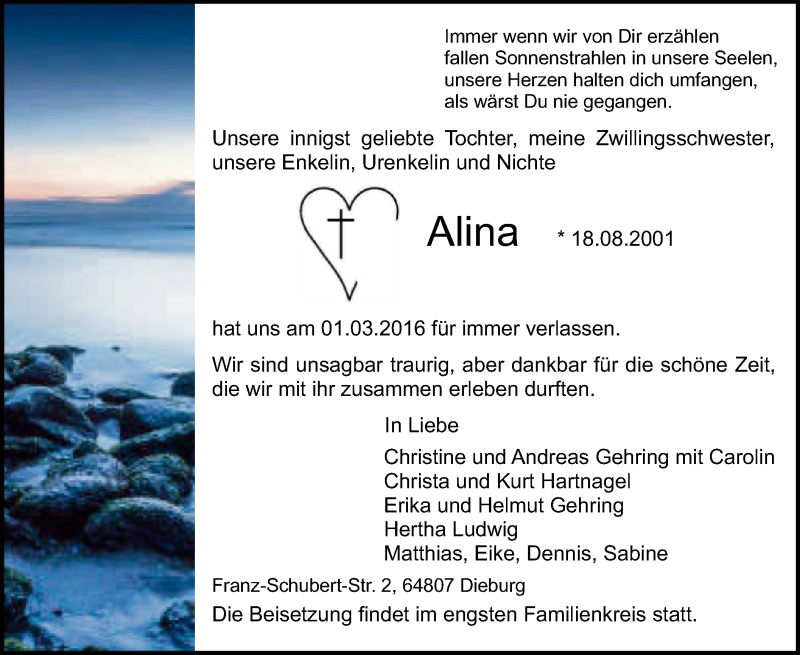  Traueranzeige für Alina  vom 05.03.2016 aus Offenbach
