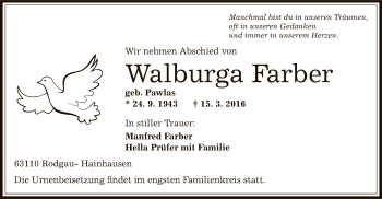 Traueranzeige von Walburga Farber von Offenbach