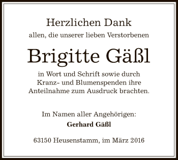 Traueranzeige von Brigitte Gäßl von Offenbach