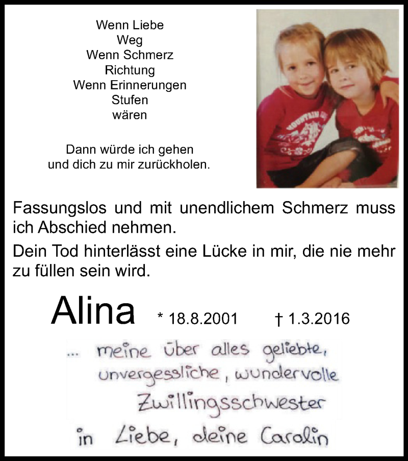  Traueranzeige für Alina  vom 05.03.2016 aus Offenbach