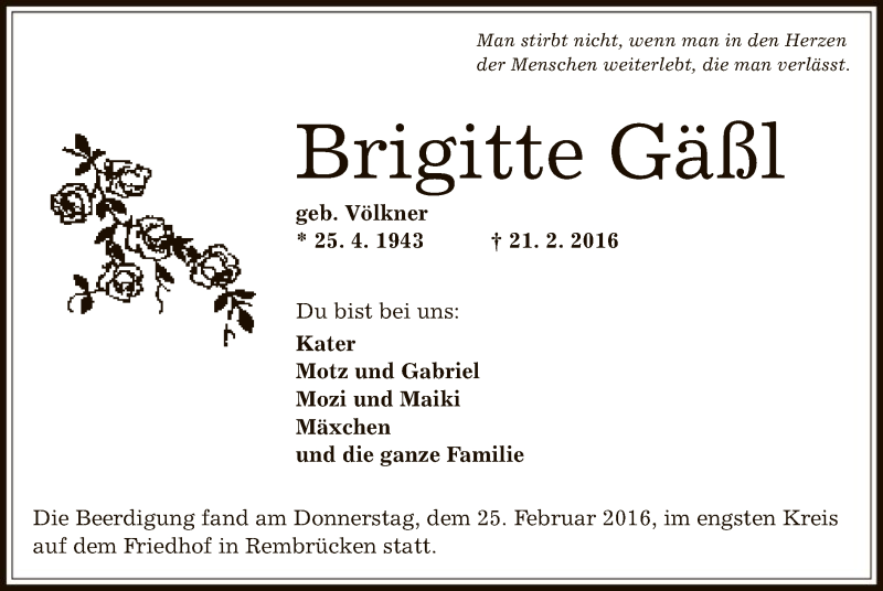  Traueranzeige für Brigitte Gäßl vom 26.02.2016 aus Offenbach