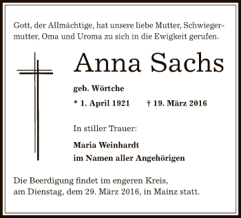 Traueranzeige von Anna Sachs von Offenbach