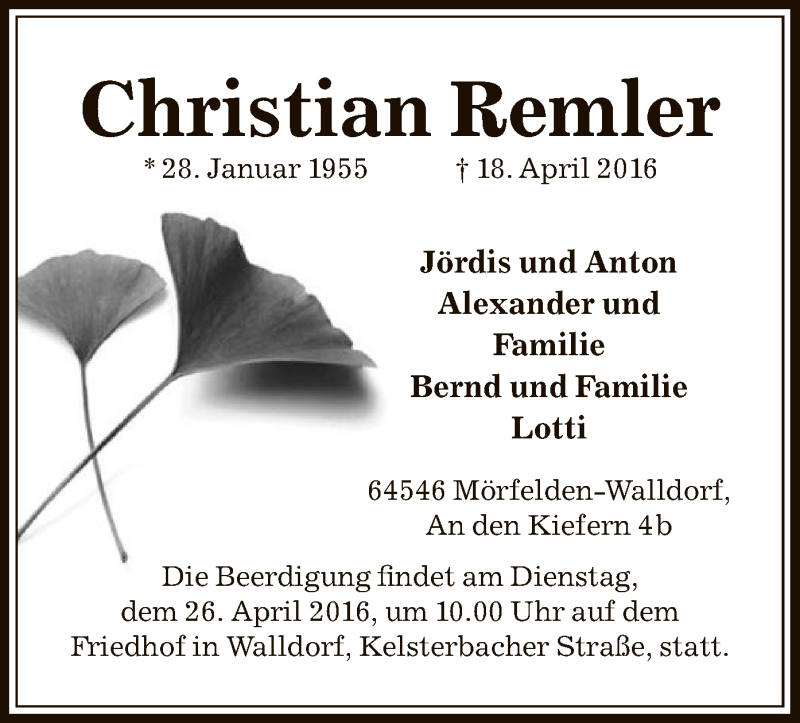  Traueranzeige für Christian Remler vom 23.04.2016 aus Offenbach