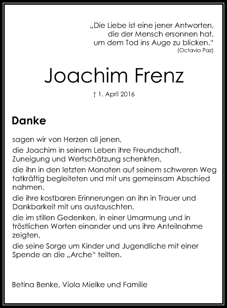  Traueranzeige für Joachim Frenz vom 30.04.2016 aus Offenbach