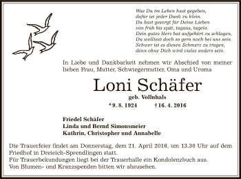 Traueranzeige von Loni Schäfer von Offenbach