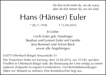 Traueranzeige von Hans  Euler von Offenbach