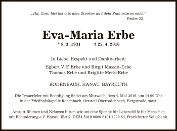 Traueranzeige von Eva-Maria Erbe von Offenbach