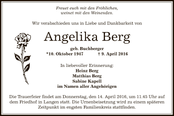 Traueranzeige von Angelika Berg von Offenbach