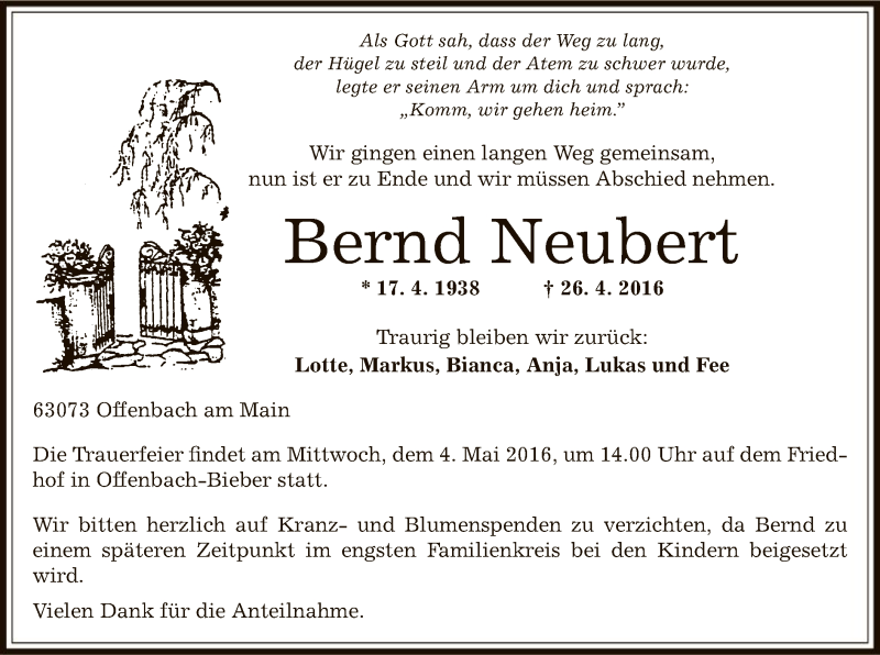  Traueranzeige für Bernd Neubert vom 30.04.2016 aus Offenbach