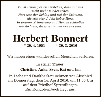 Traueranzeige von Herbert Bonnert von Offenbach