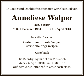 Traueranzeige von Anneliese Walper von Offenbach