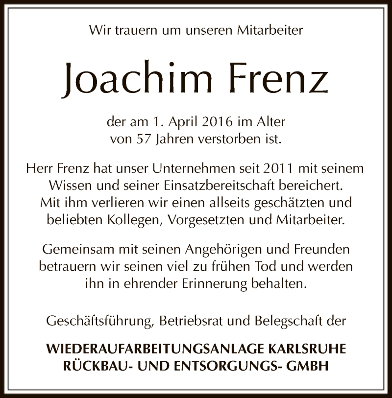  Traueranzeige für Joachim Frenz vom 09.04.2016 aus Offenbach