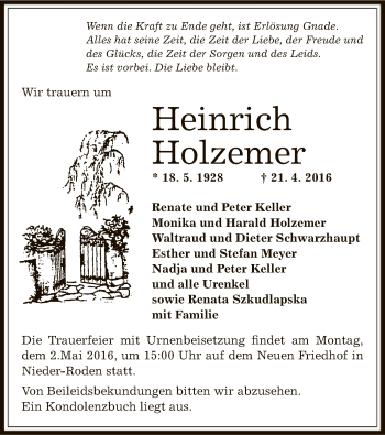 Traueranzeige von Heinrich Holzemer von Offenbach