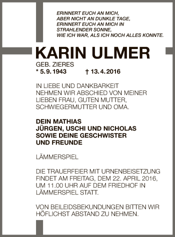 Traueranzeige von Karin Ulmer von Offenbach