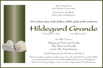 Traueranzeige von Hildegard Grande von Offenbach