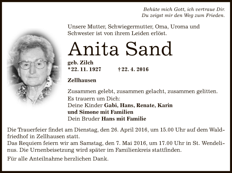  Traueranzeige für Anita Sand vom 25.04.2016 aus Offenbach