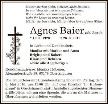 Traueranzeige von Agnes Baier von Offenbach