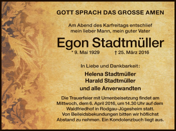 Traueranzeige von Egon Stadtmüller von Offenbach