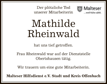 Traueranzeige von Mathilde Rheinwald von Offenbach