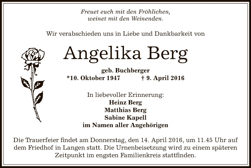  Traueranzeige für Angelika Berg vom 12.04.2016 aus Offenbach