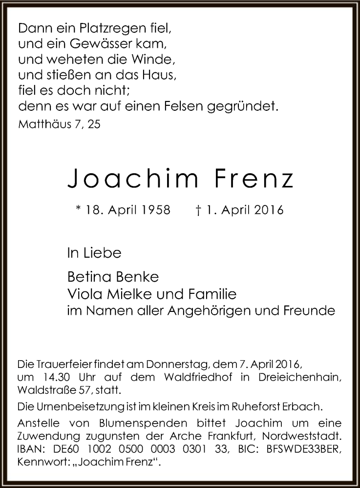  Traueranzeige für Joachim Frenz vom 06.04.2016 aus Offenbach