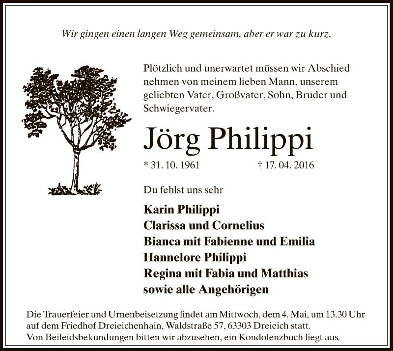  Traueranzeige für Jörg Philippi vom 28.04.2016 aus Offenbach